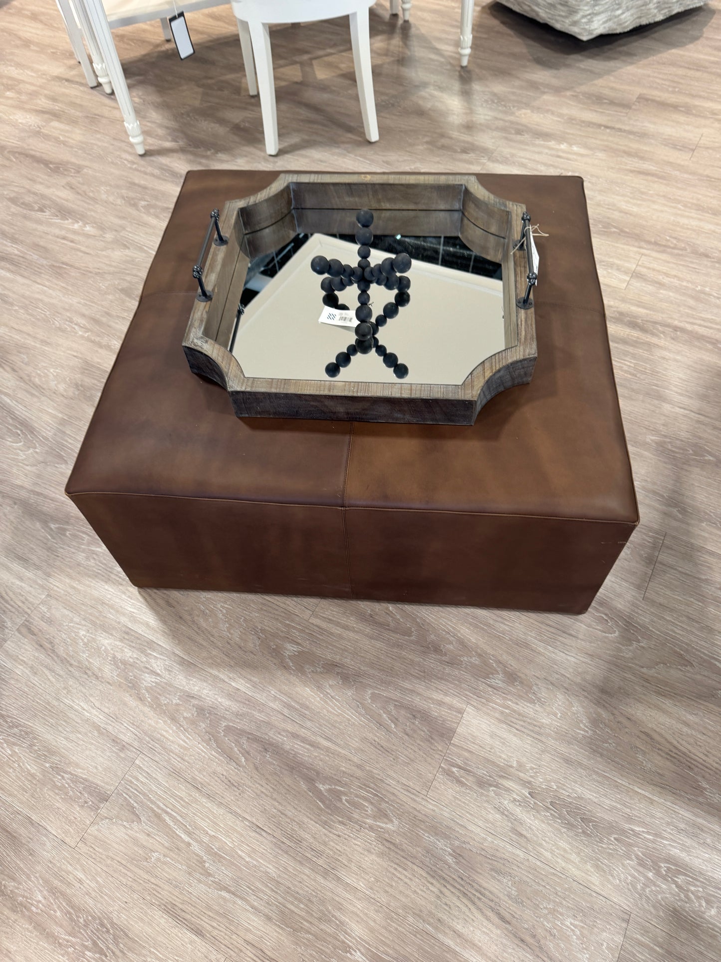 36” Square Leather Ottoman with wood base
