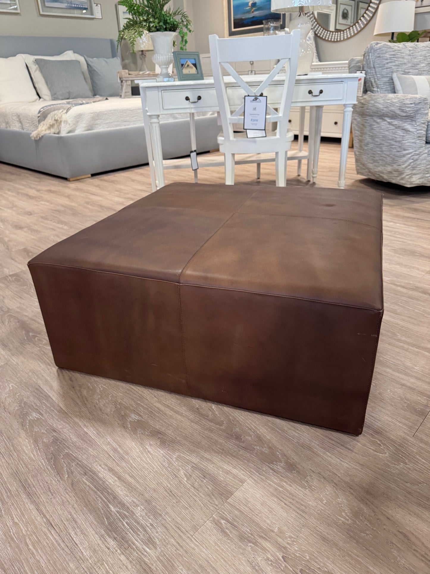 36” Square Leather Ottoman with wood base