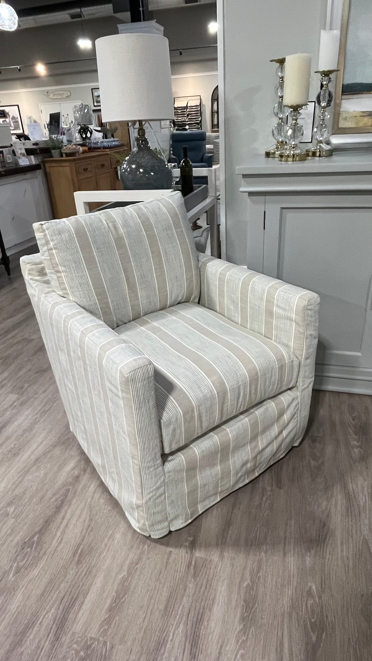 Miles Slipcovered Swivel Glider Chair in Blanton Tranquil
