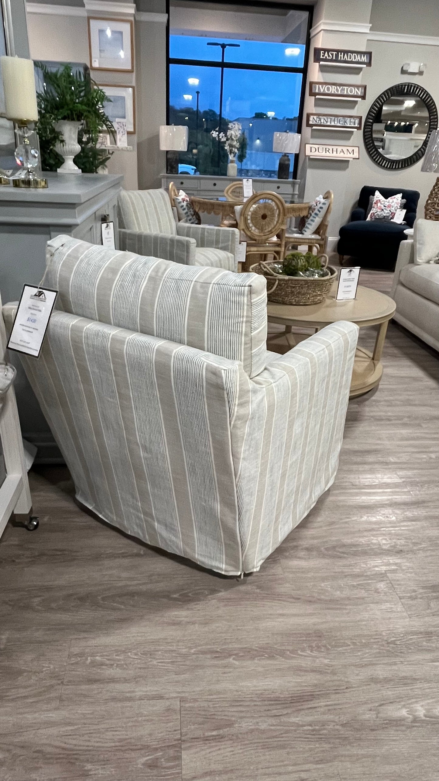 Miles Slipcovered Swivel Glider Chair in Blanton Tranquil