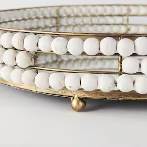 White Wooden Bead Mirrored Bottom Round Tray