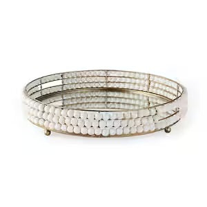 White Wooden Bead Mirrored Bottom Round Tray