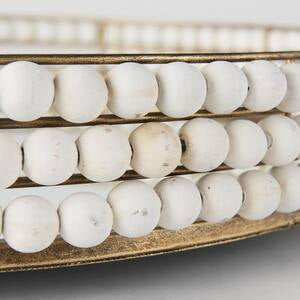 White Wooden Bead Mirrored Bottom Round Tray
