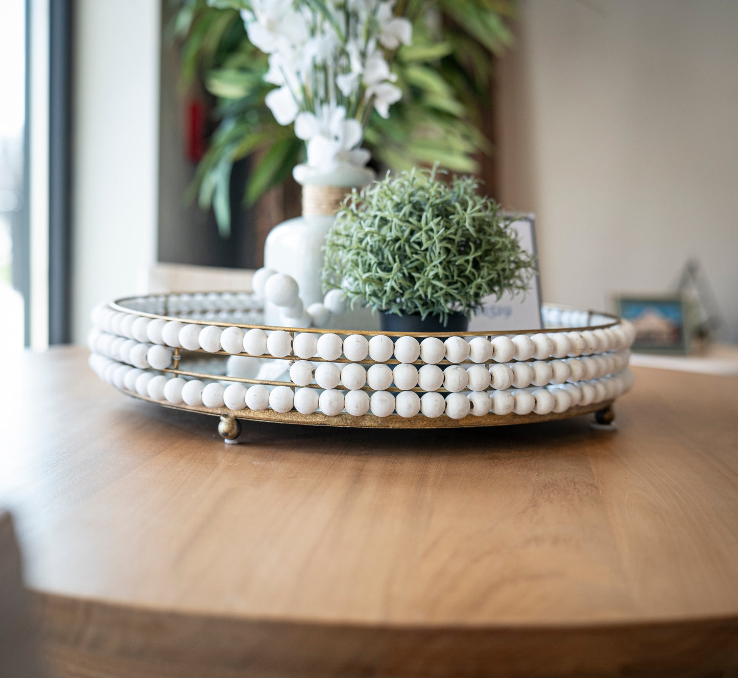 White Wooden Bead Mirrored Bottom Round Tray